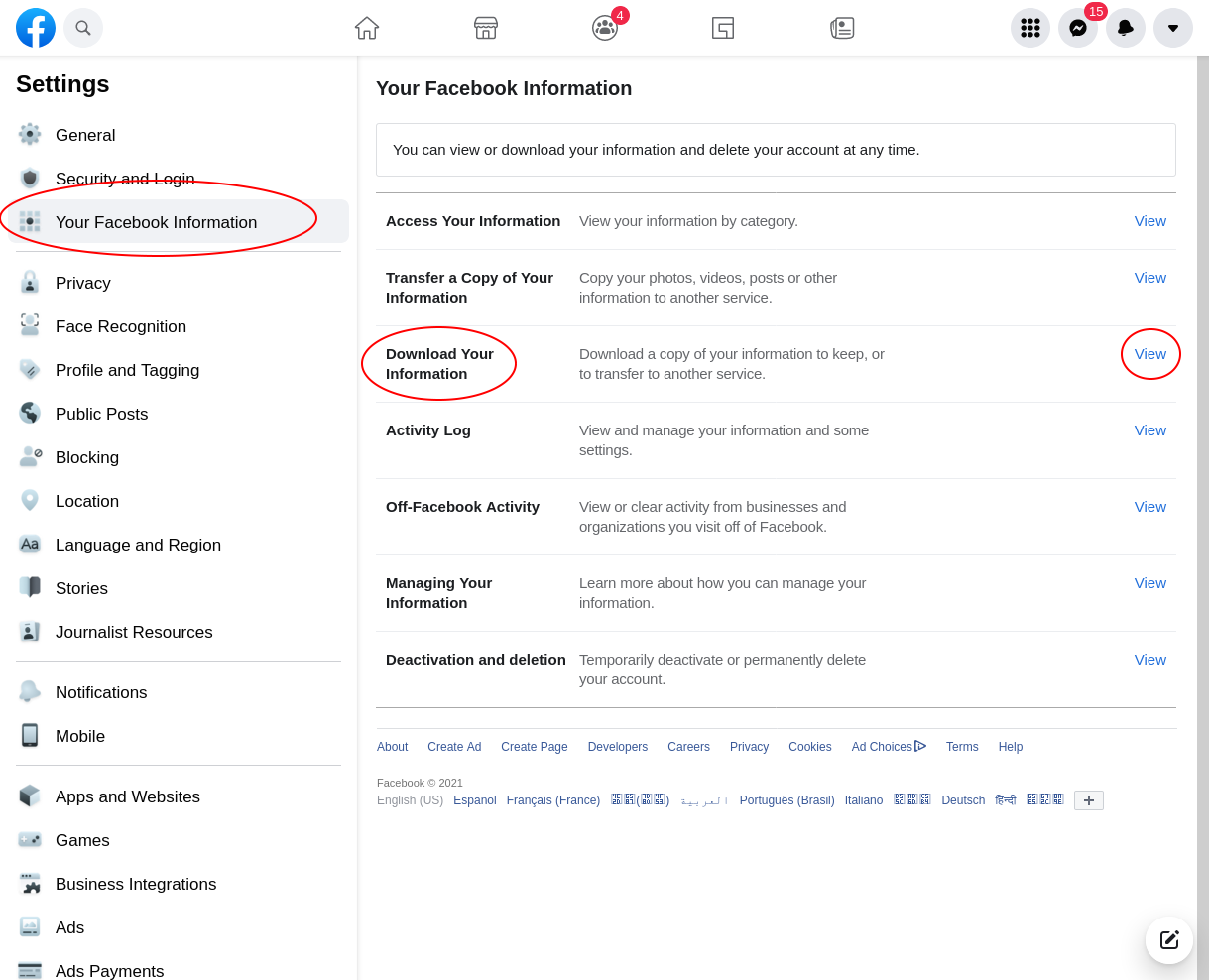'Your Facebook Information' screen with highlights for where to click to get to the archive download page.