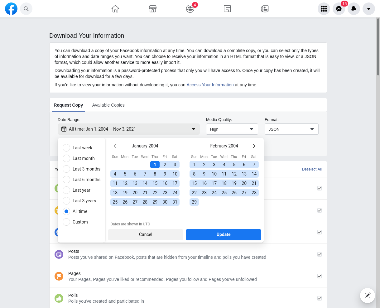 Download configuration with the date selector expanded and configured for 'All Time', Media Quality set to High, and Format set to JSON