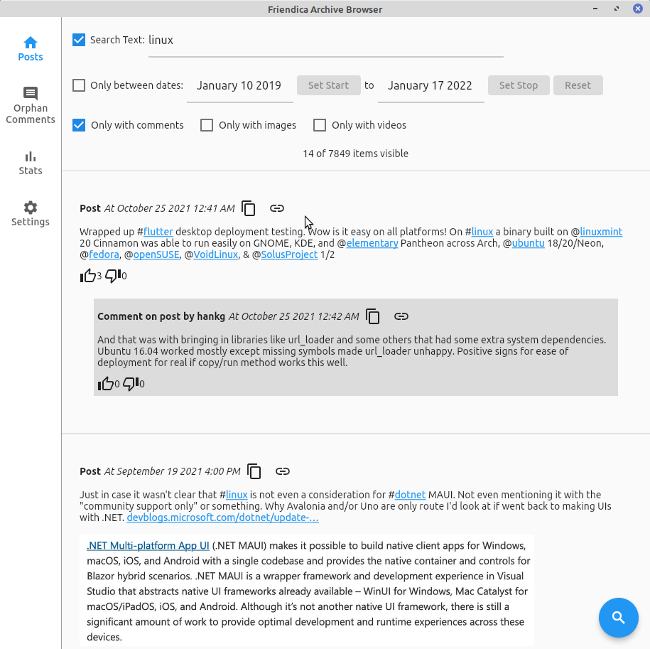 Friendica Archive Browser with search and showing embedded comments